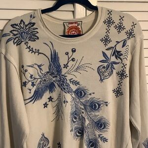 Johnny Was waffle cotton knit top with Blue Embroidery